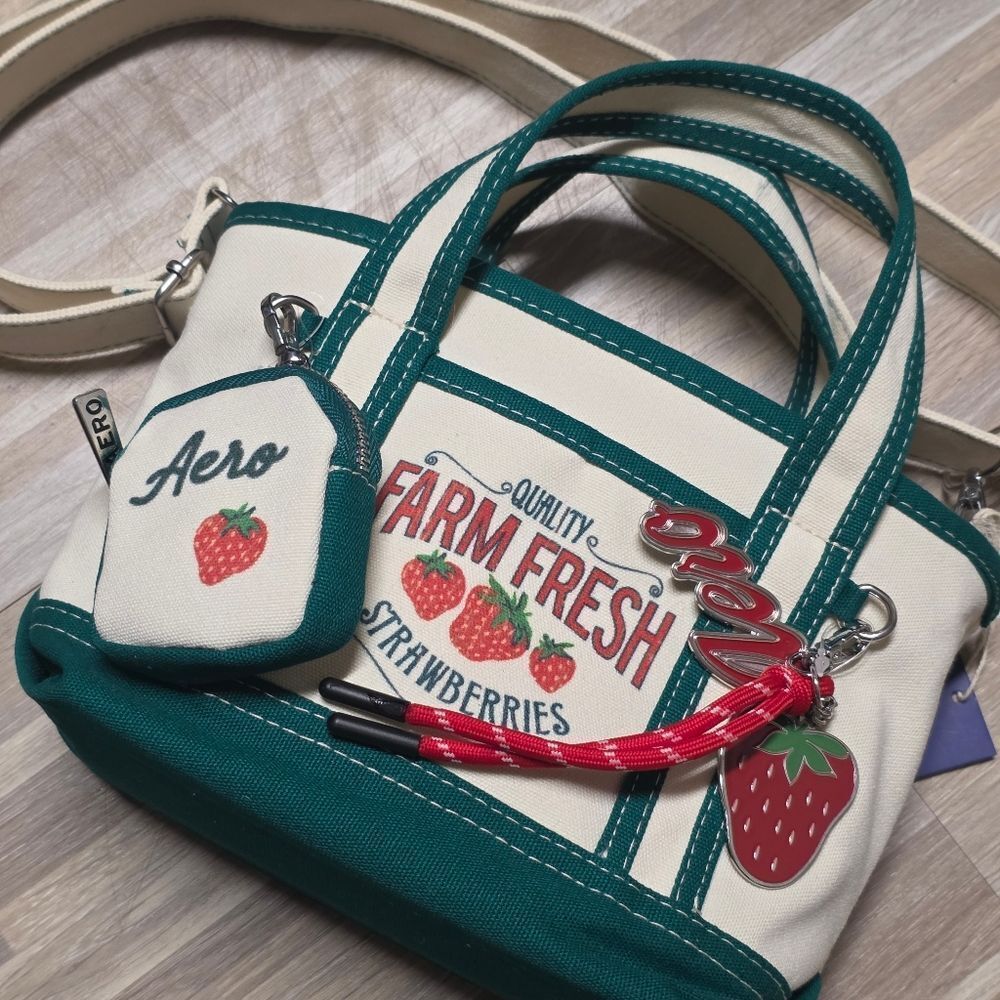 🇬🇪🔥NWT Aéropostale Farm Fresh Strawberries Mini Canvas Tote Crossbody